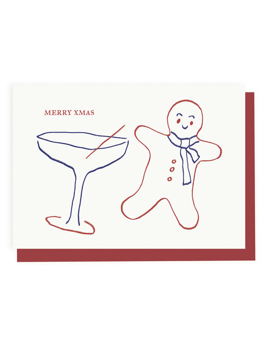 'Merry Xmas' Gingerbread Man Folded Card (Risograph)