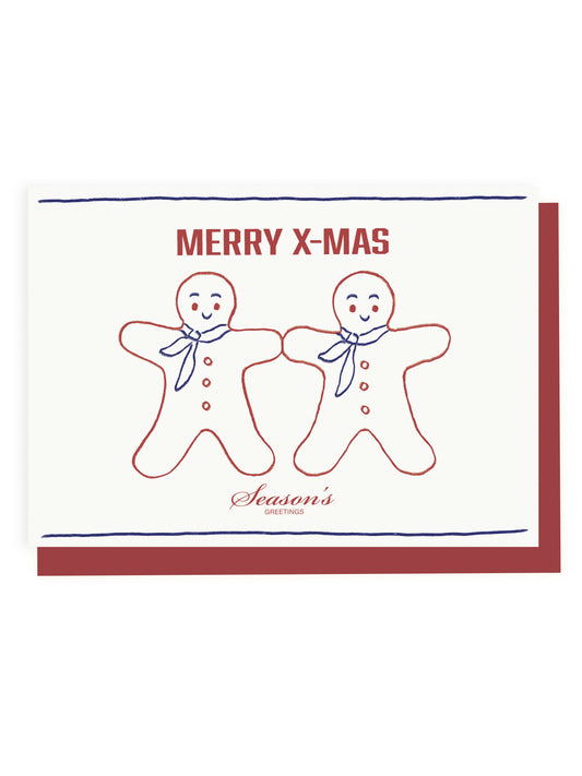 'Merry Xmas' folded card, two gingerbread men (risograph)